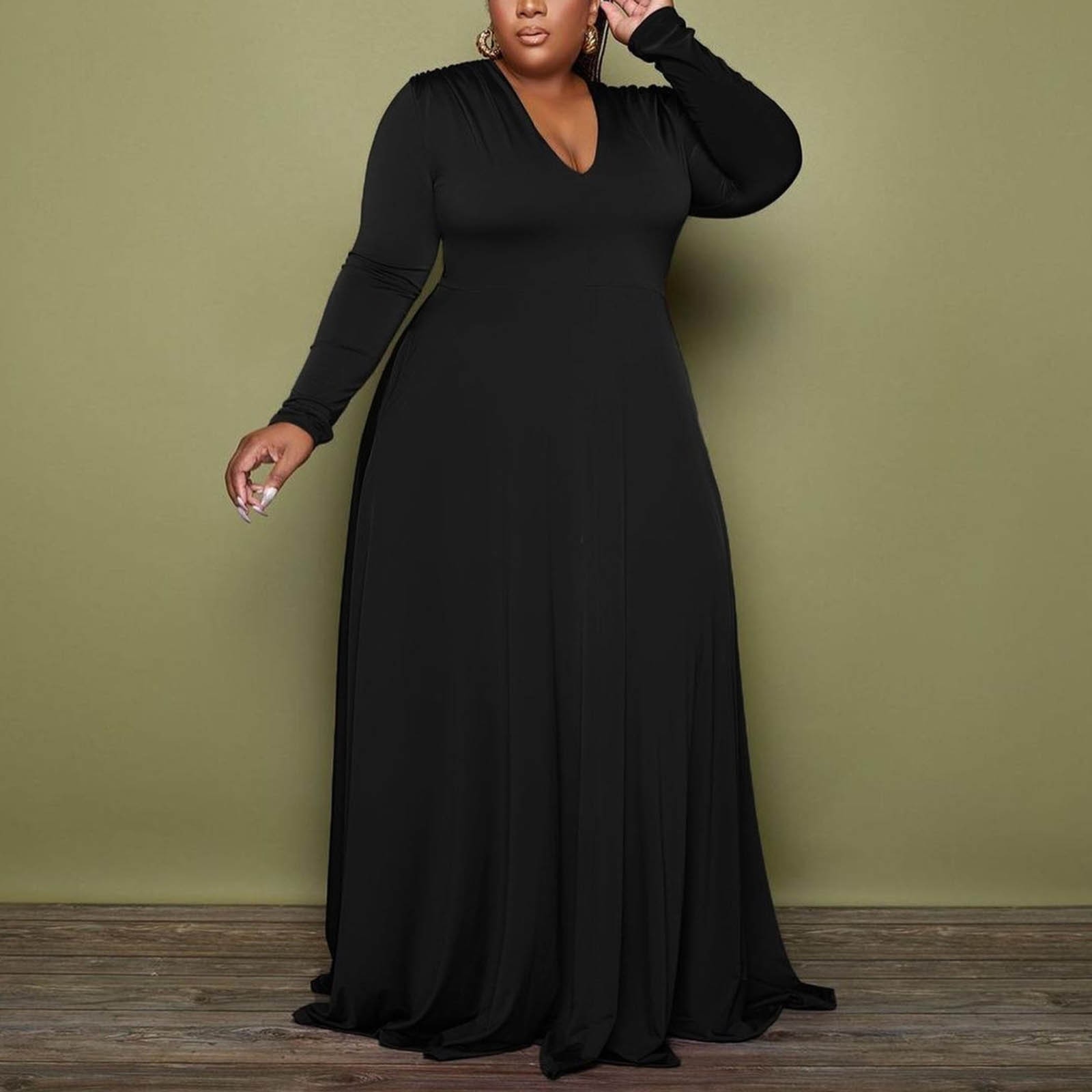 Womens Casual Dress V Neck Loose Long Dress Large Fat Woman Solid Color V Neck Long Walmart