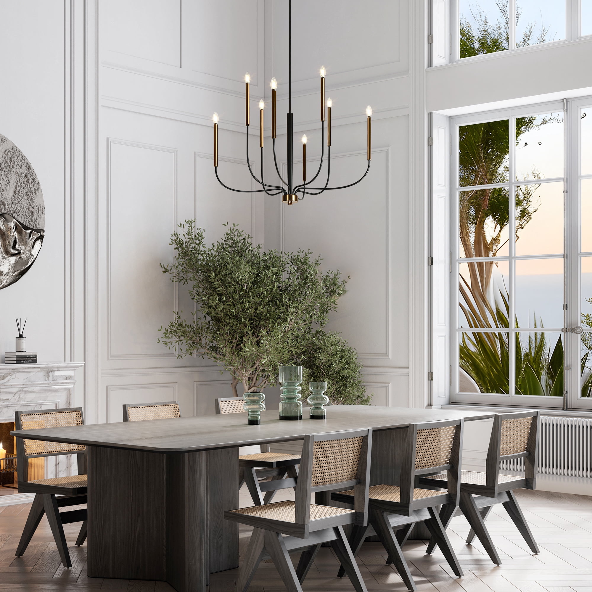LNC Modern 8-Light Black and Gold Chandelier, Oversized Adjustable Ceiling Light for Dining Room