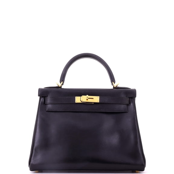 Pre-Owned Kelly Handbag Noir Box Calf with Gold Hardware 28 By Rebag