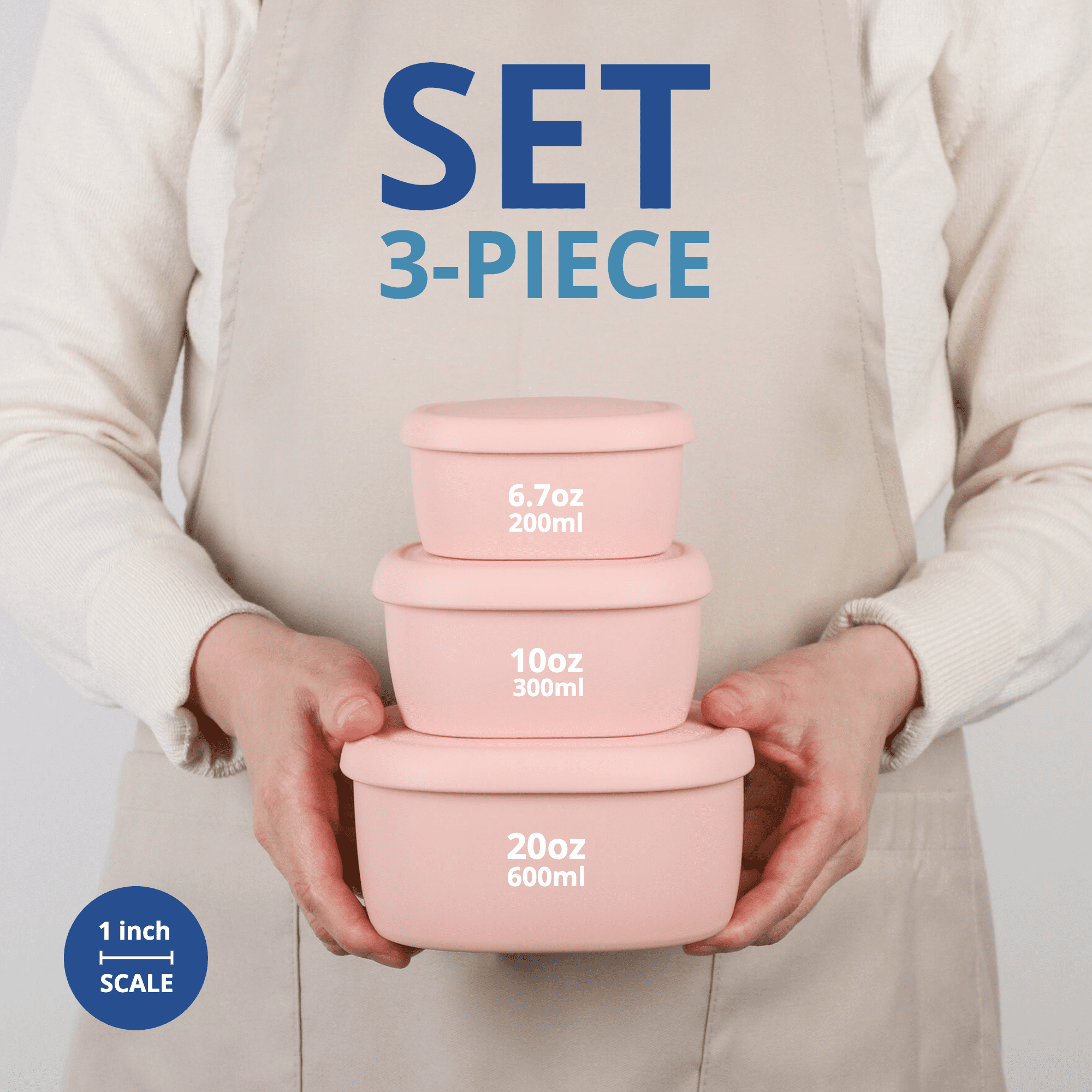 BLUE GINKGO Nesting Silicone Containers, Airtight Food Storage | Set of 3 (6.7oz, 10oz, 20oz) Pink