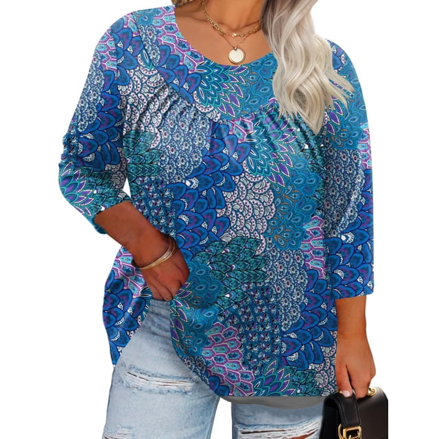 Top tipo túnica TFSDOD, talla grande, manga 3/4, cuello redondo para mujer