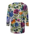 thumbnail image 4 of TSADFHJI Hauts d'Hiver pour Femmes, T-Shirt Décontracté à Imprimé Floral, Col Rond, Manches 3/4, Coupe Ample, Bleu Top S, 4 of 5