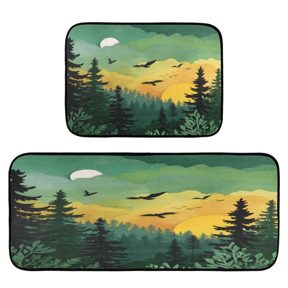 2-Piece Kitchen Mat Set Non Slip Washable Floor Mats Decorative Rugs for Kitchen Sink Laundry Green and Yellow Sunset