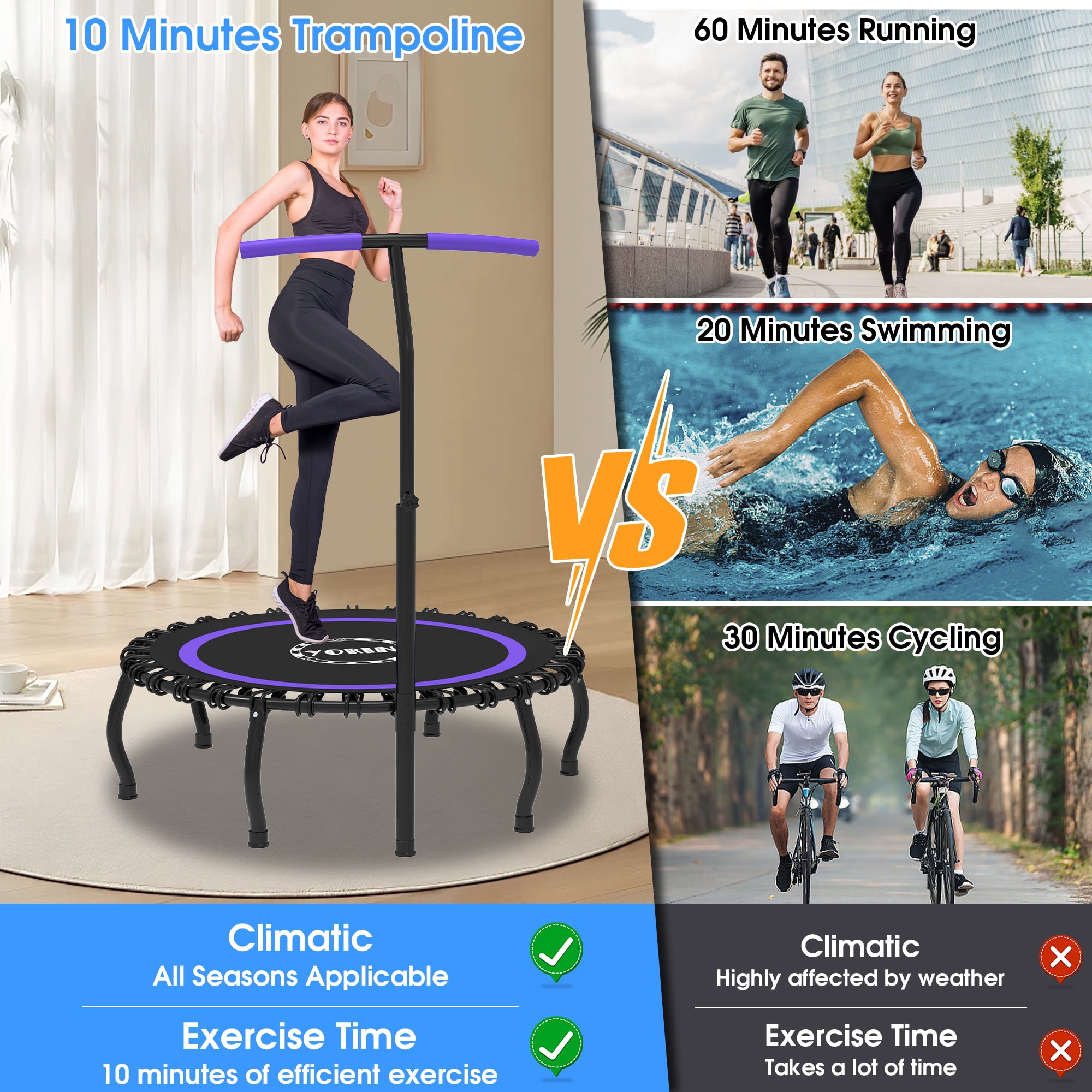 YORIN Rebounder Foldable Trampoline for Adults, 330LBS Fitness Indoor Trampoline, 50" 40" 48" Mini Exercise Trampoline with Bungees, 3 Level Adjustable Foam Handle Bar, Stable Quiet Small Trampoline