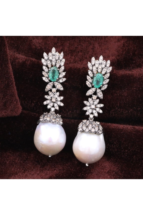 Natural Pearl Emerald,Diamond Gemstone 925 Sterling Silver Earrings