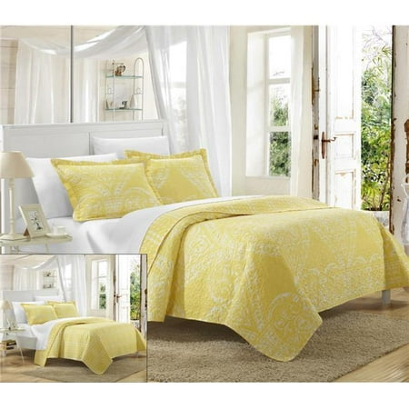 Yellow Quilt Set - Chic Home QS3422-US Pastola Reversible Printed Quilt Quilt Set - Yellow - Queen - 3 Piece