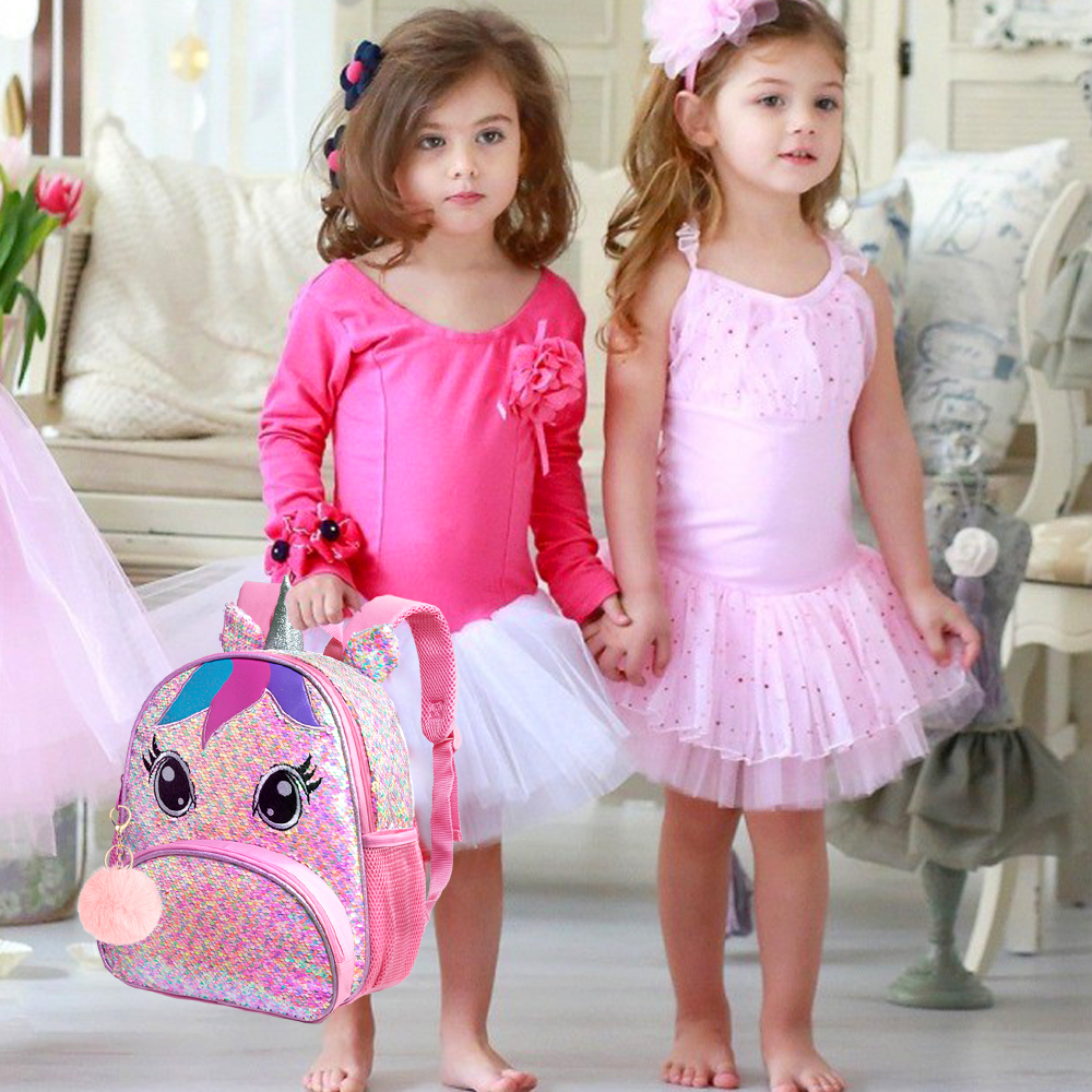 AGSDON 3PCS Unicorn Backpack for Girls, 12" Toddler Sequin Preschool Bookbag and Lunch Box - Pink