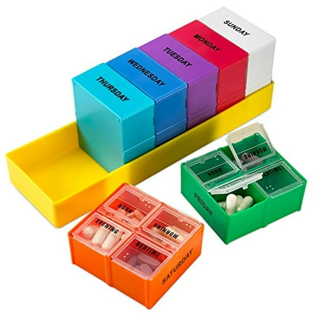 Alarm Medication Reminder - 7 Day Pill Organizer - Daily Pill Planner Detachable Case with Four Compartments Pills & Vitamins Holder for Each Day of the Week, Travel Medication Reminder, Morning, Afternoon, Evening, Bed