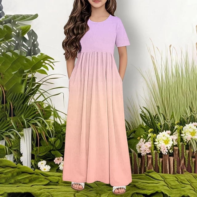 Robe Décontractée à Manches Courtes Col Rond avec Poches pour Femmes et Filles