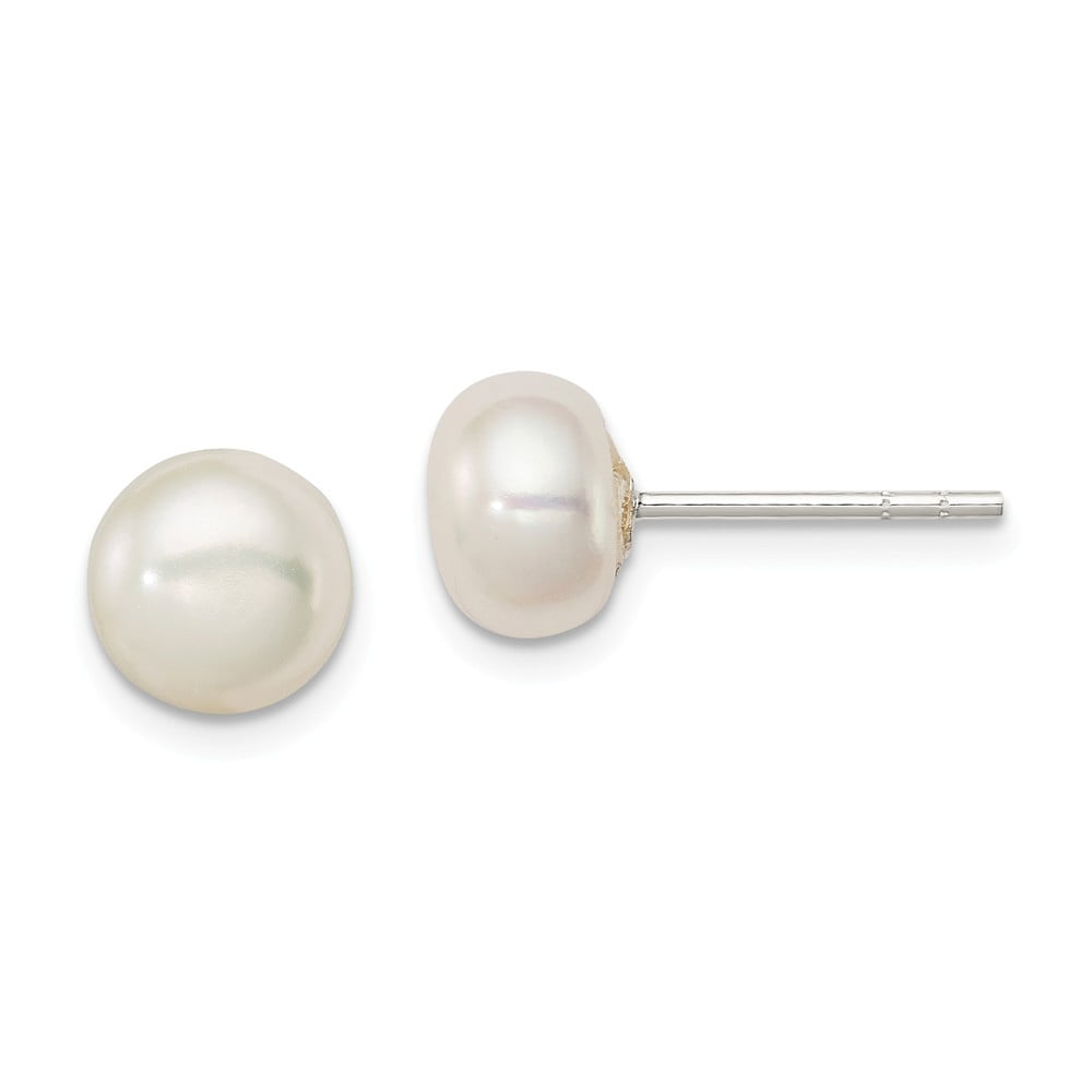 Solid 925 Sterling Silver White FW Cultured Pearl 7-8mm Button Earrings 