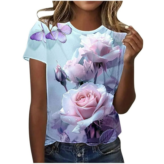 Womens Tops Valentines Days Plus Size Short Sleeve T-Shirts Cute Heart Floral Graphic Crewneck Tees