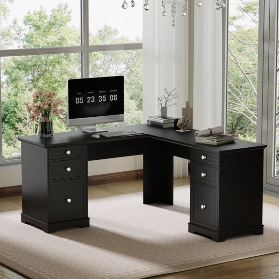 60" L Shaped Desk with File Drawers, Corner Computer Desk for Home Office, Large Executive Writing Desk with Storage