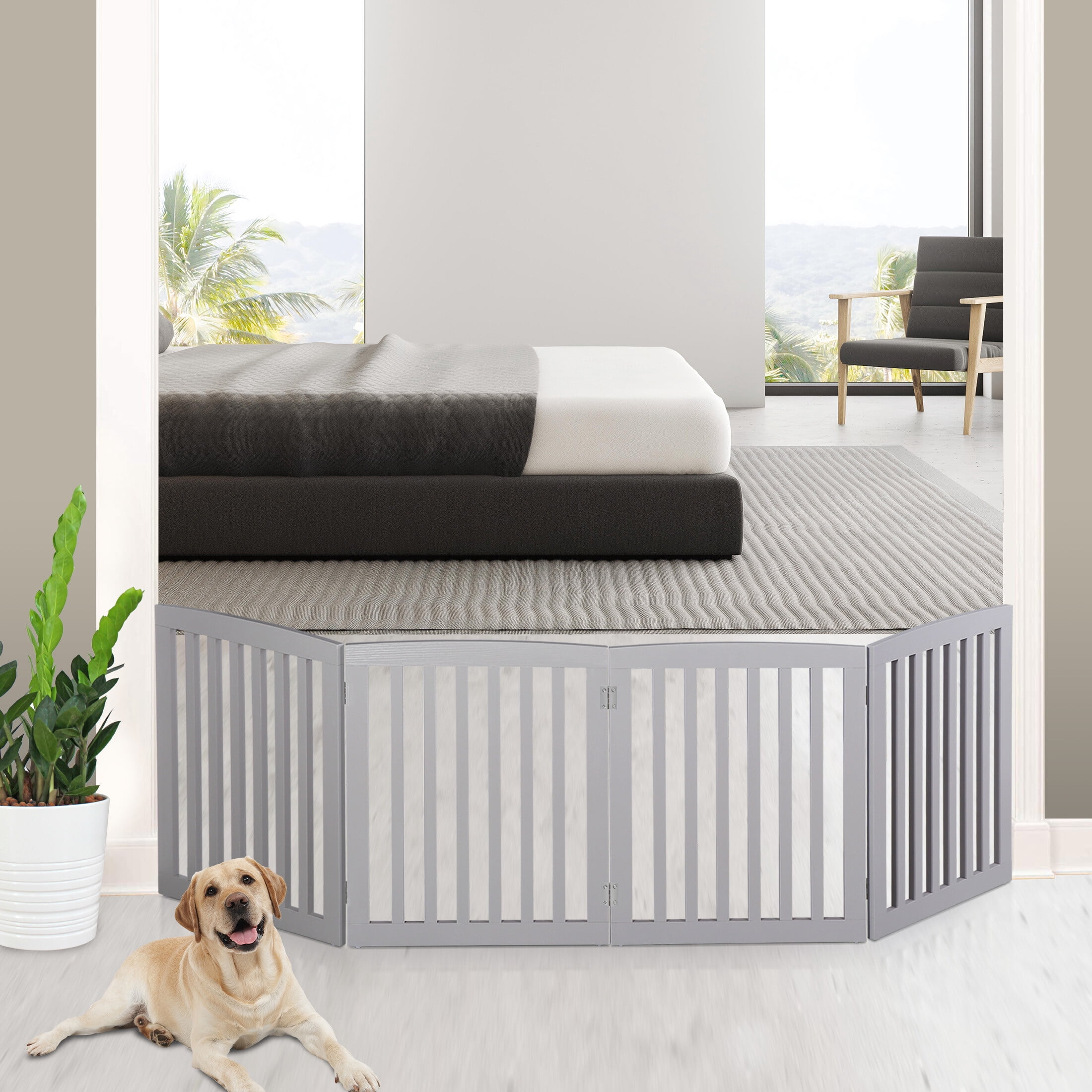 ZENY Entryway Indoor Wood Foldable Pet Gate Fence 4 Panels, Gray
