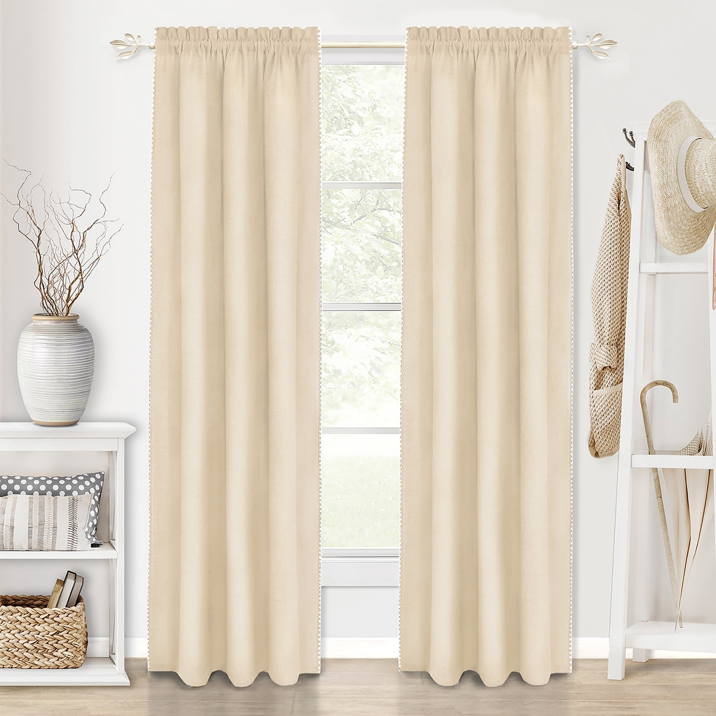 PowerSellerUSA Decorative Telescopic Metal Curtain Rod, 28" to 48" Contemporary Round PVC Finials, Ultra Durable Brackets 3/4" Diameter Window Drapery Rod, Cream/Gold - Leaf Finial
