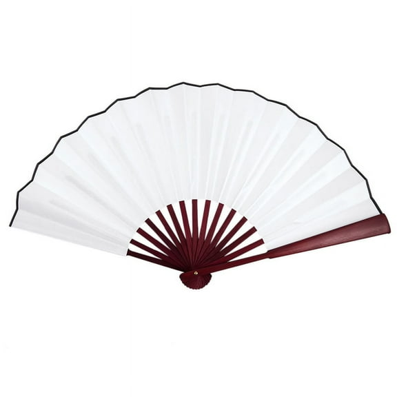 Men Women Wood Handle Fabric Folding Hand Fan 13-inch Length Whtie