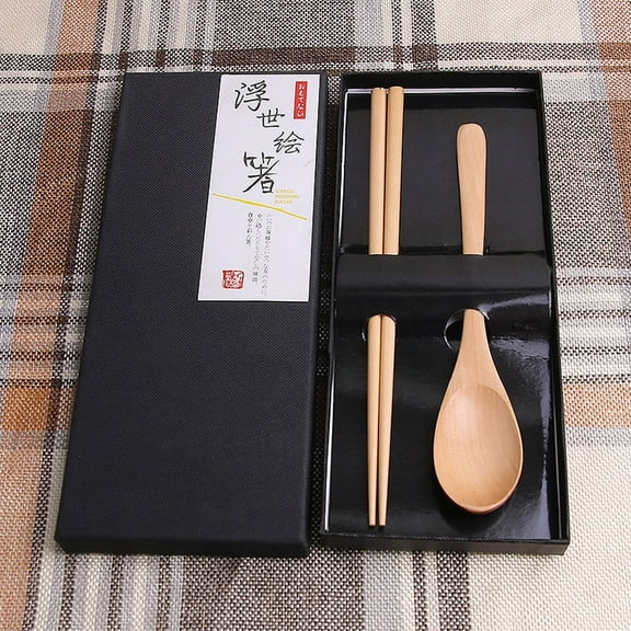 Dinnerware Set Japanese Style Vintage Wooden Chopsticks And Spoon Tableware 5Pcs Set,Black Kitchen Tableware
