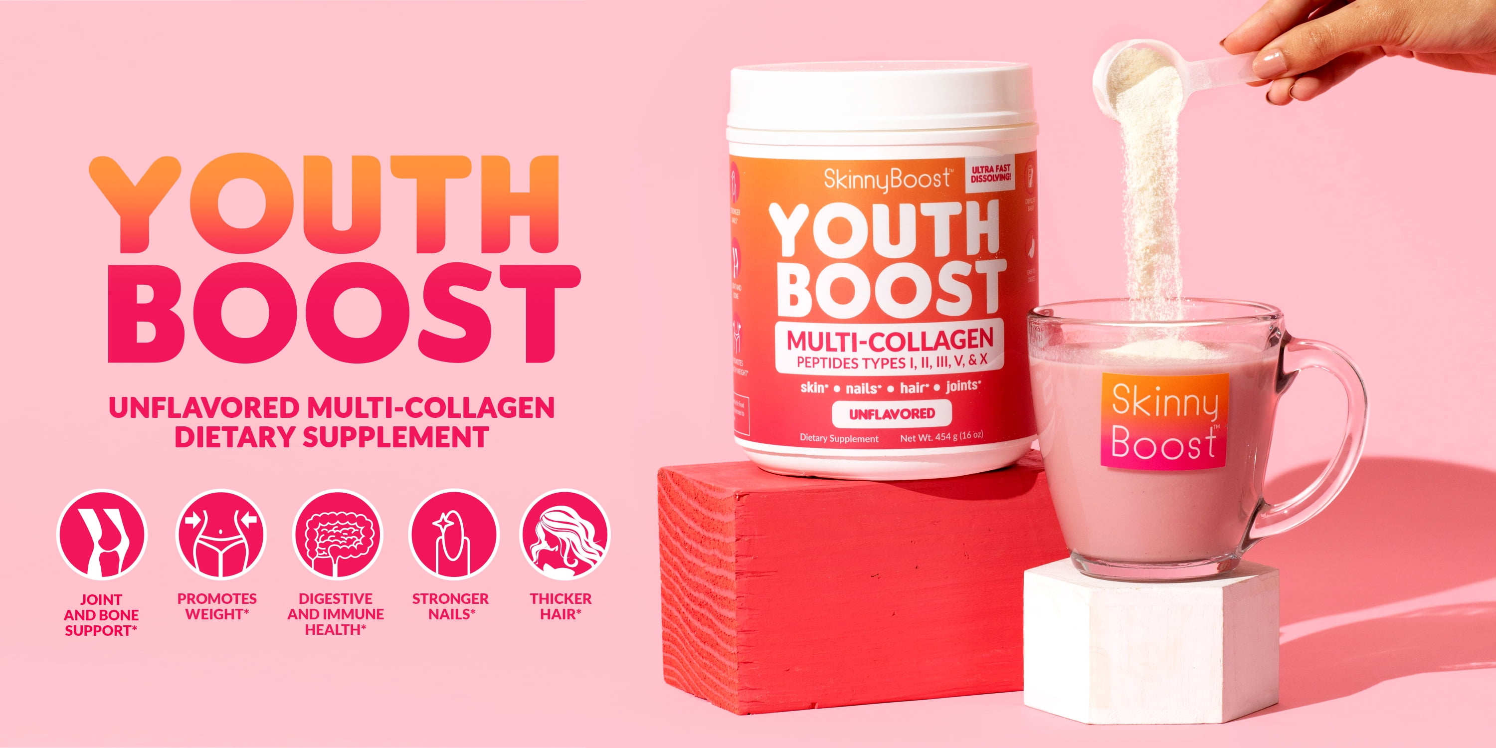 SkinnyBoost Youth Boost Advanced Multi-Collagen Powder - 5 Types of Hydrolyzed Collagen Peptides for Hair, Skin, Nails & Joints. Fast Dissolving, Grass Fed, Keto Friendly - Unflavored(58 Servings)
