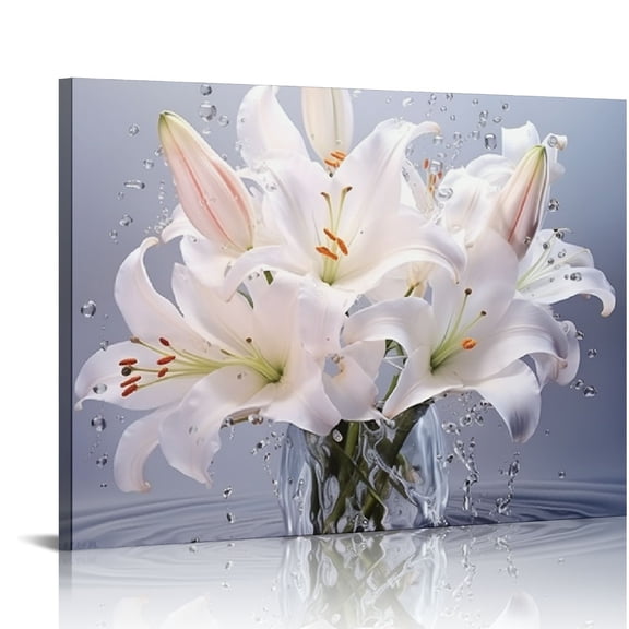 COMIO Lily Flower Canvas Wall Art White Floral Picture Wall Decor Water Splash Flowers Painting Print Zen Spa Bathroom Decor Frame (20x16 inch)