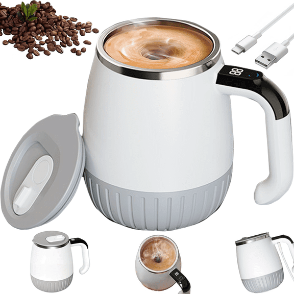 QOPR Self Stirring Coffee Mug, Automatic Stirring Coffee Mug Electric Mixing Mug Stainless Steel Magnetic Stirring Cup with Lid Battery Powered,White&Grey