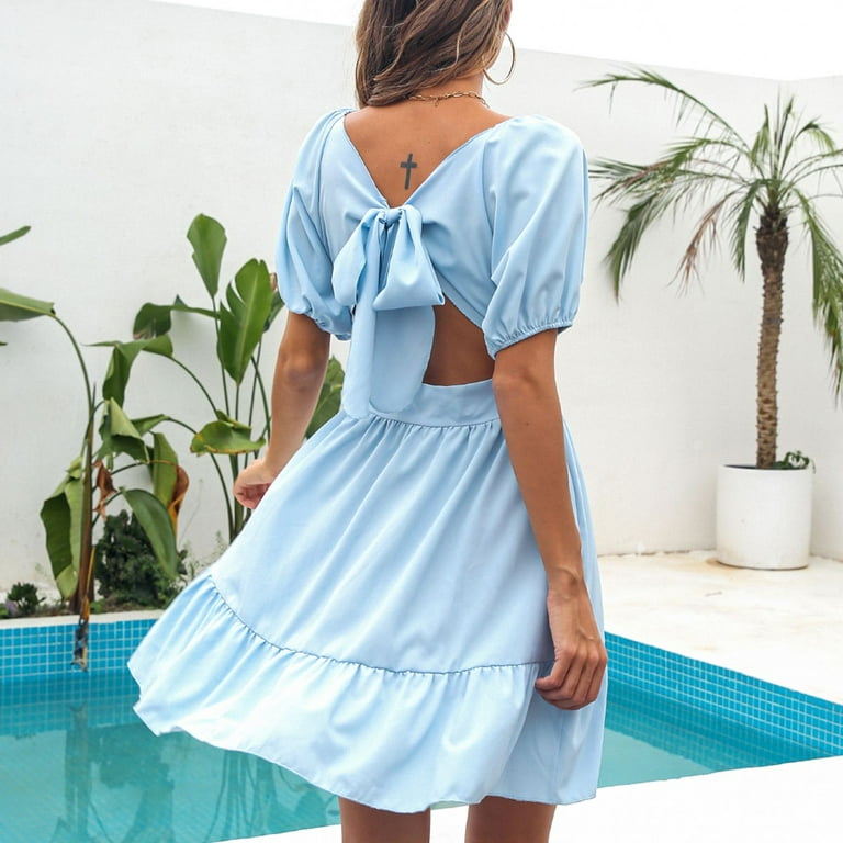 Jdlsppl Women's Fall Dresses Summer Dress Short Fitted Swing Short Sleeve High Waist Casual Ruched Swing Dress Blue Large