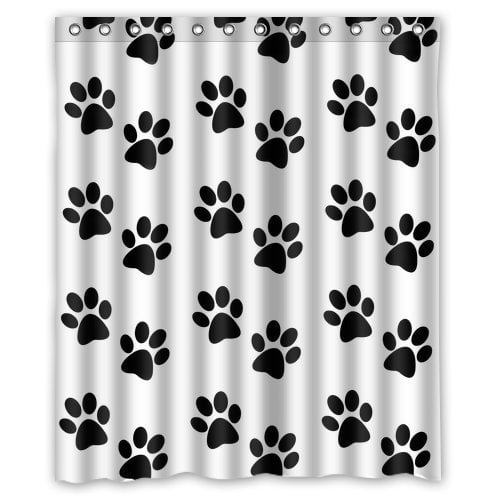 Bathroom Set Black & White Dog Paw Prints Shower Curtain Waterproof Fabric Hooks 