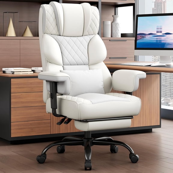 Big and Tall Office Chair, Desk Chair with Soft Adjustable Armrests, Ergonomic High Back Gaming Chair with Lumbar Support, Executive Computer Chairs with Footrest (PU Leather, Ivory White)
