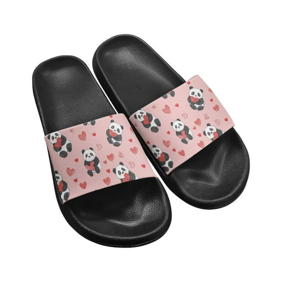 Psesaysky Heart Panda Print Slide Sandals for Girls Women Non-Slip Lightweight Dormitory Slippers House Slippers Fashion Flexible Beach Slides Black Sole Size 5