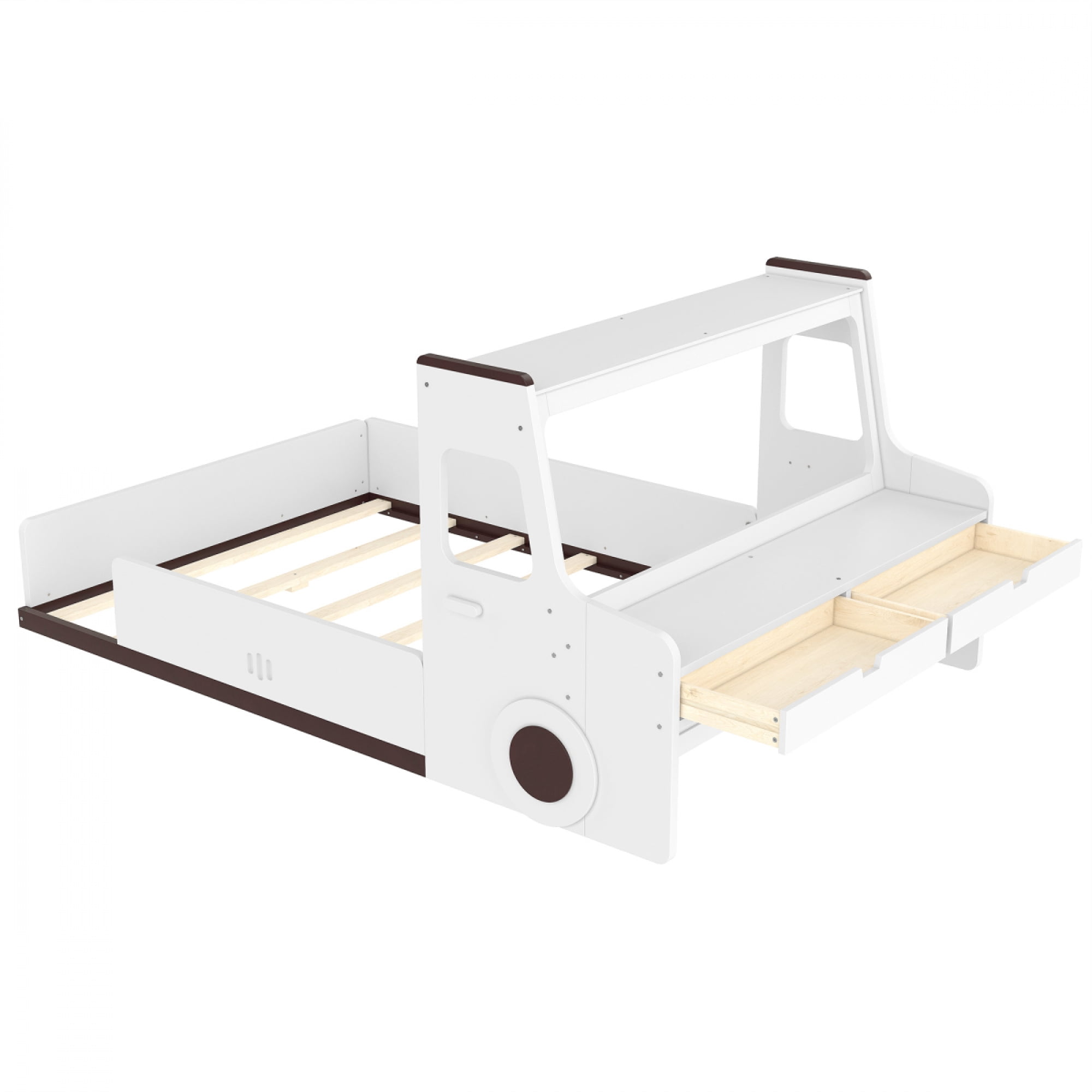 Full Size Car-Shaped Floor Bed - with Storage Drawers, Window & Desk for Bedroom,Light White