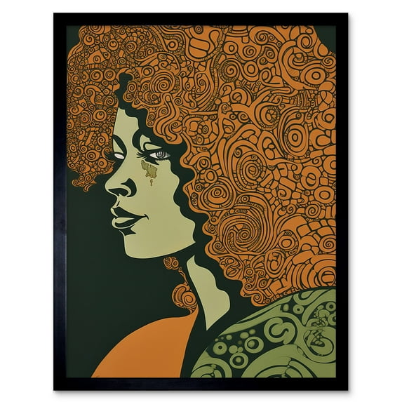 Woman Portrait Illustration with Pattern Afro Hair Art Print Framed Poster Wall Decor 12x16 inch