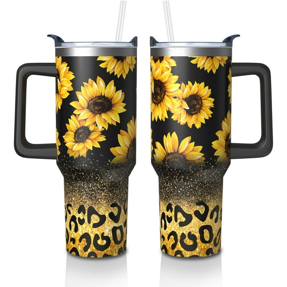 Sunflower Gifts Cup for Women Girls, 40oz Tumbler with Handle and Straw Lid, Stainless Steel Double Walled Insulated Mug Water Bottle, Sun Flowers Floral Lover Birthday Gift Idea