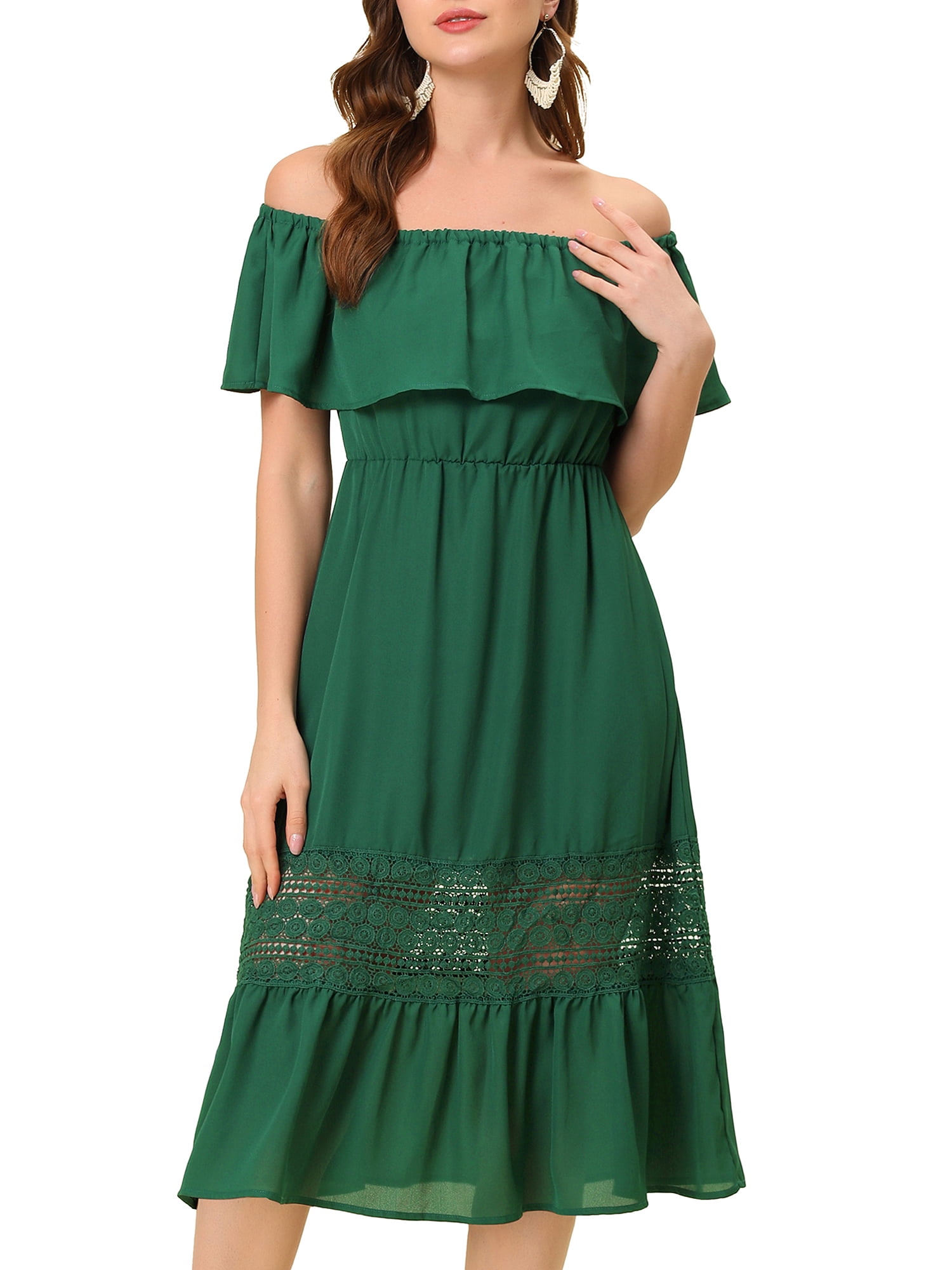 DARING DIVA Women's Off Shoulder Flutter Sleeve Maxi Dress L Dark Green