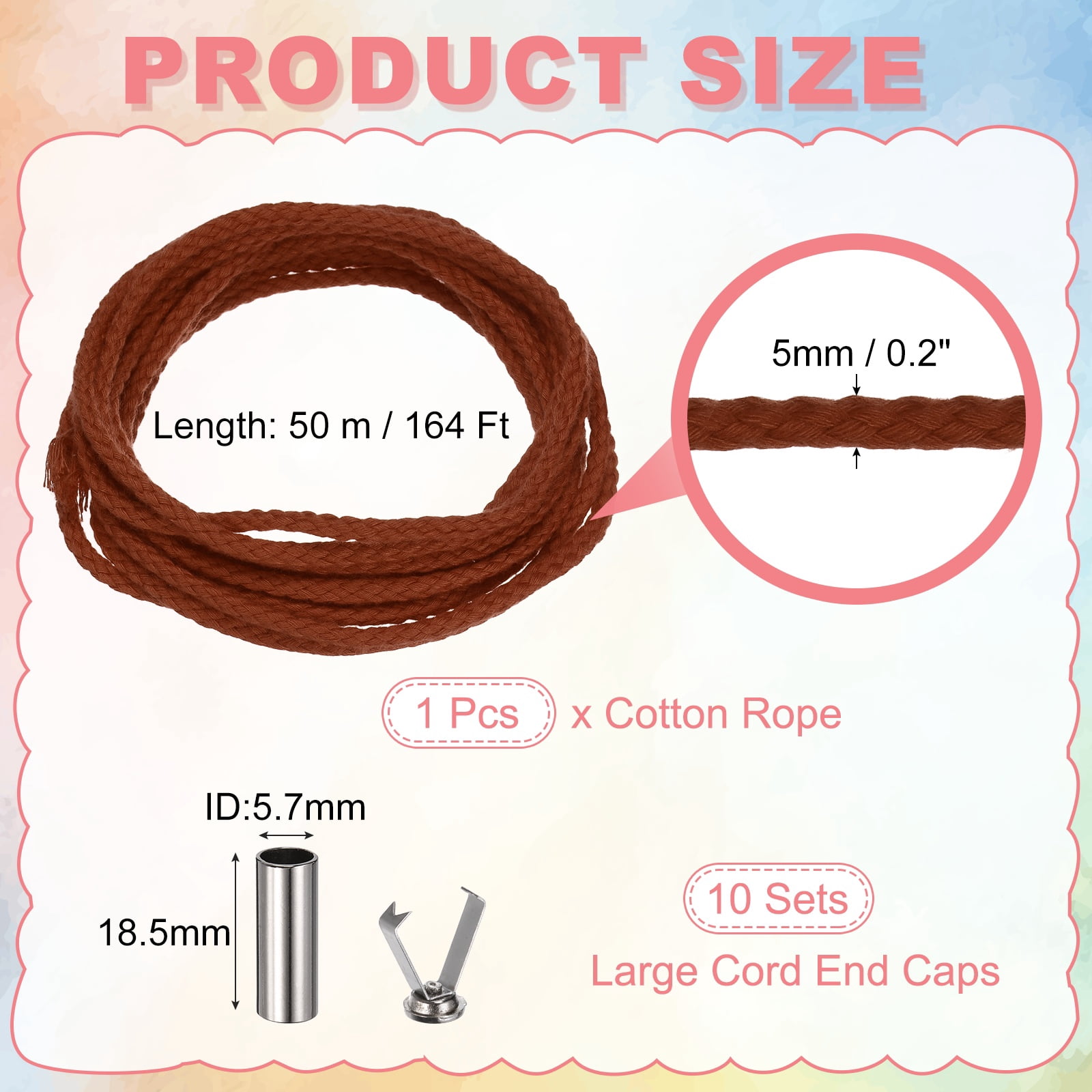 Braided Macrame Cord, 3/16" x 164ft 8 Strand Cotton Rope Braided String with Cord End Caps for Drawstring, Plant Hanger Wall Hanging, Dream Catcher Crafts, Red Brown