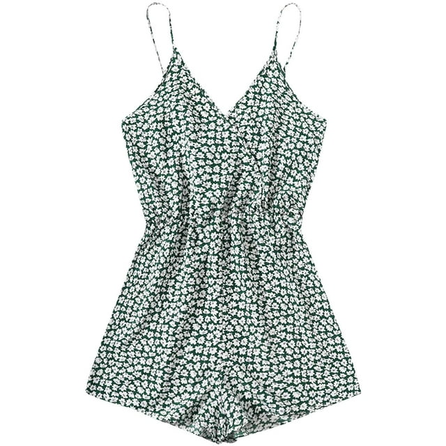Women's Leopard Print Wrap Spaghetti Strap Romper Cami Jumpsuit