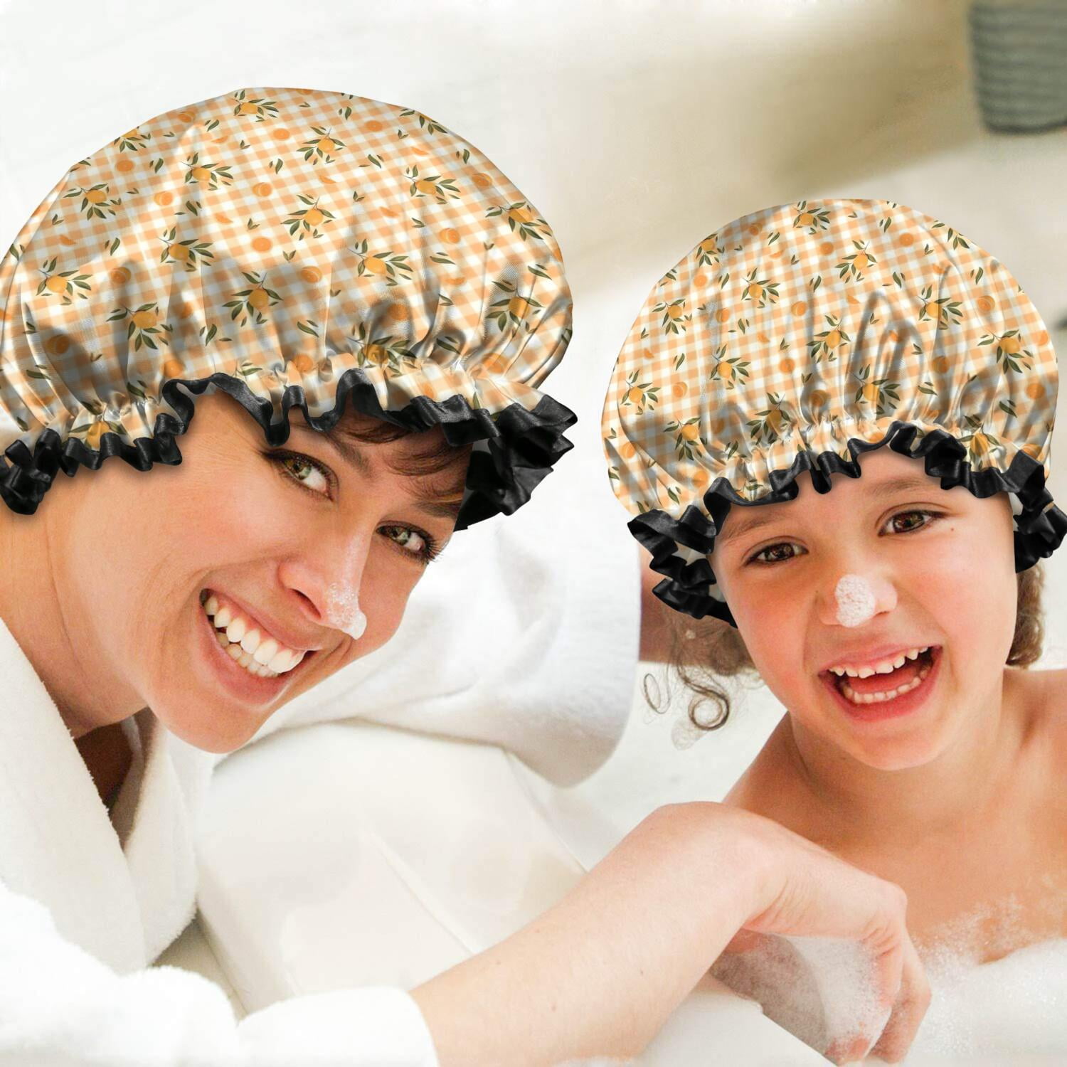 Shower Caps,Yellow Lemon Fruit Trees Orange Pattern Waterproof Shower Cap for Women 4 Pieces,Double Reusable Hair Cover for Shower PEVA Elastic Stretch Hem