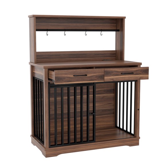 38" Dog Crate Furniture, Heavy Duty Dog Cage Table with 2 Storage Drawers and Shelves, Side End Table with Sliding Door for Dogs Indoor, Brown