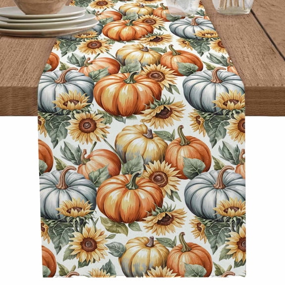 nqOlkjepod Thanksgiving Table Runner 108 Inches Long Farmhouse Dress Scarves, Orange Fall Blue Sunflower Pumpkin Dining Tablerunner for Coffee Table/Kitchen Island/Party Décor, 13" x 108"