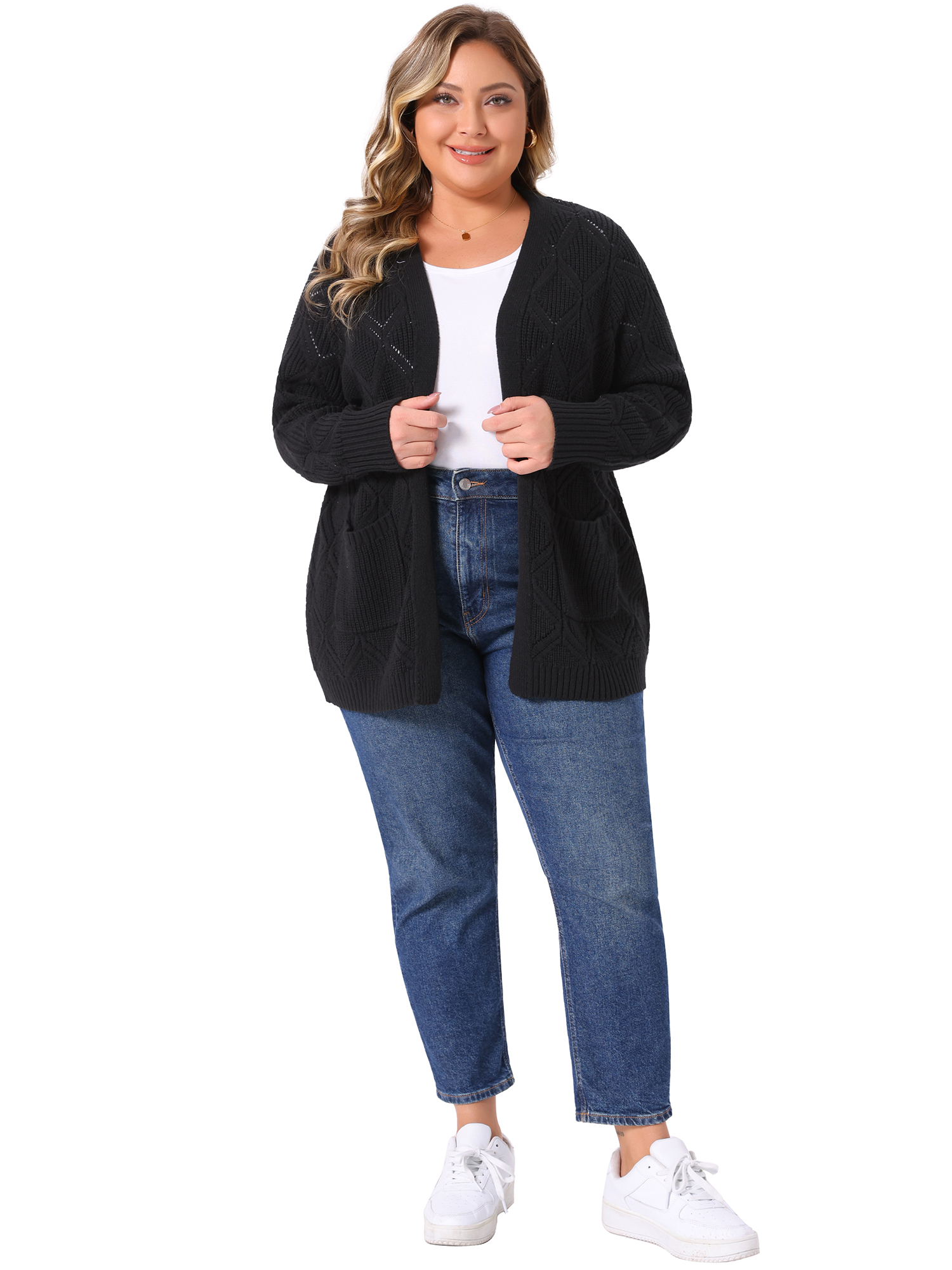 DARING DIVA Women's Plus Size Open Front Long Sleeve Cardigan with Pockets 2X Black