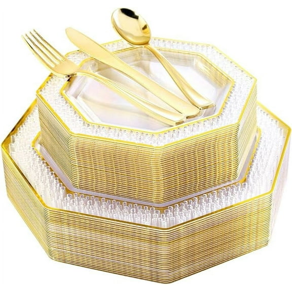 150 PCS Gold Plastic Plates with Silverware, Clear Disposable Plastic Dinnerware for, Unique Gold Rims Design, Includes: 30 Dinner Plates, 30 Dessert Plates, 30 Cutlery for Party