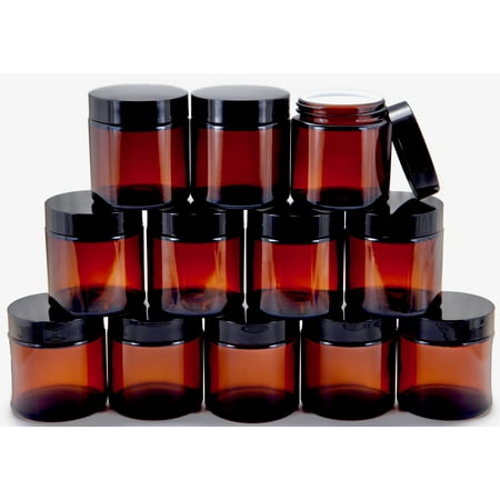 Vivaplex, 12, Amber, 4 oz Round Glass Jars, with Inner Liners and Black Lids