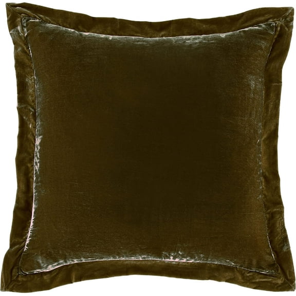 HiEnd Accents Stella Faux Silk Velvet Flanged Euro Sham Pillow Cover, 27x27 inch, Green Ochre, Romantic Western Modern Traditional Style Luxury Bedding