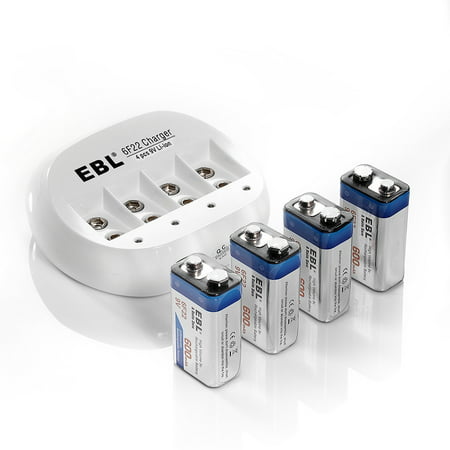 EBL 4-Pack 600mAh 9V 6F22 Lithium-ion Rechargeable Batteries + 4 Bay Li-ion Battery (Best 9 Volt Lithium Battery)
