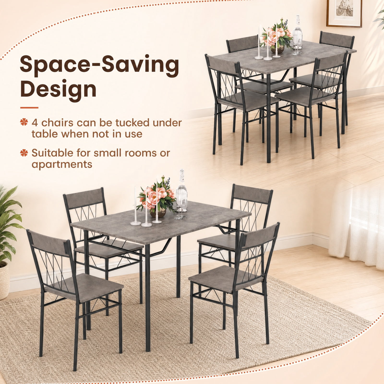 Furnibear 5 Piece Dining Table Set for 4 with Kitchen Table and Metal Frame Dining Chairs for Small Apartment Dining Room, Gray