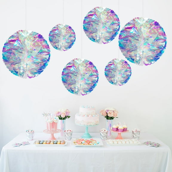 Artrylin 6Pcs Hanging Decorations Iridescent Honeycomb Ball Foil Ceiling Hanging Folding Rainbow Shine Party Ornaments for Bridal Shower Wedding Birthday Frozen Theme Party Decoration