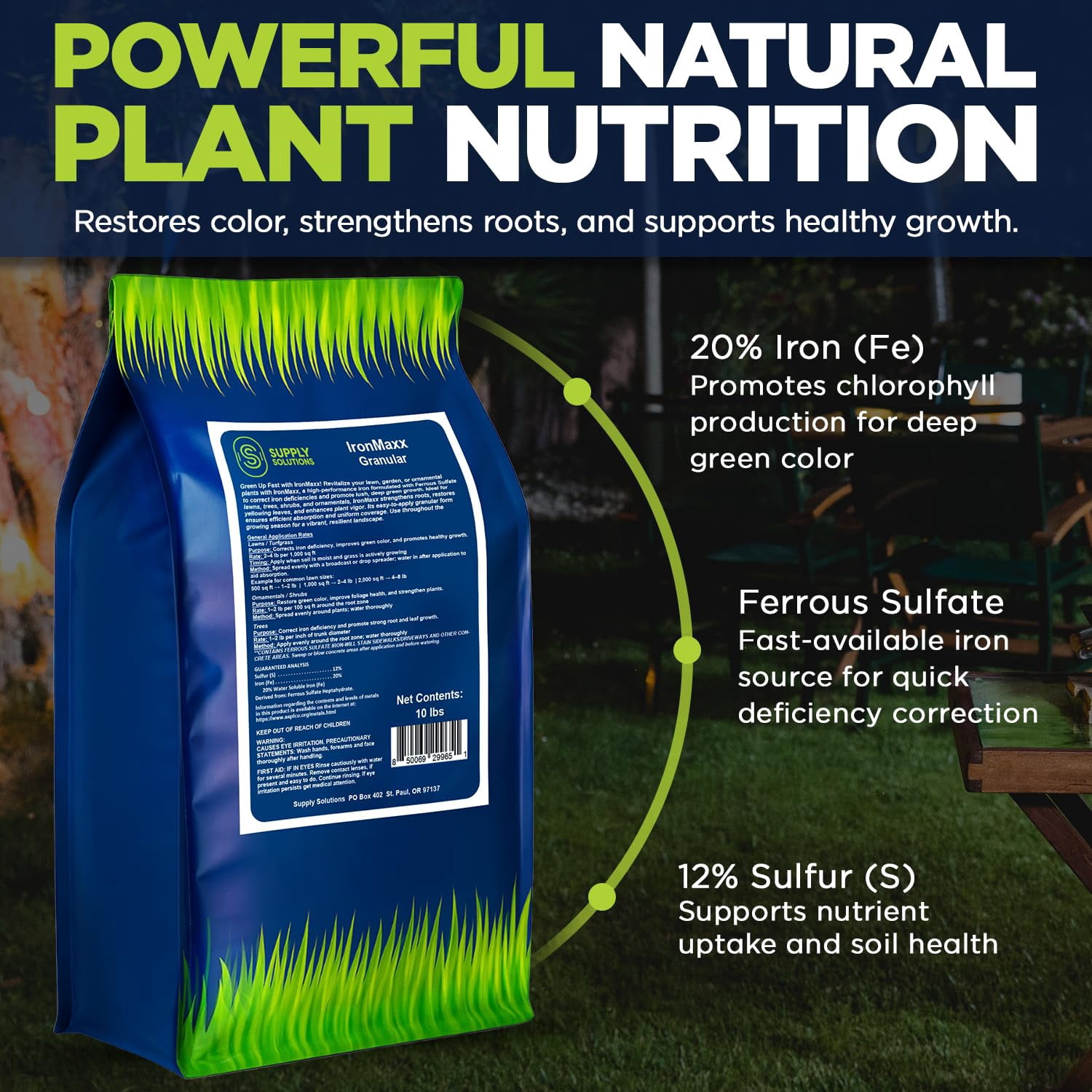 Supply Solutions IronMaxx Granular Fertilizer - All Purpose Plant Food with Iron and Sulfur, Slow Release Garden Fertilizer for Lawn, Vegetables, Flowers & Trees, Outdoor Plant Fertilizer (10 Pounds)