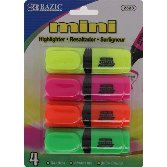 Bazic Mini Desk Style Fluorescent Highlighters, 4 Per count, 1 count
