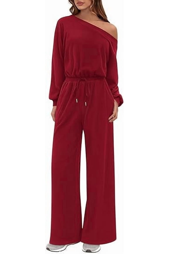 Long Sleeve Jumpsuit For Women Dressy Off Shoulder One Piece Loose Wide Leg Jumpsuits Casual Flowy Romper