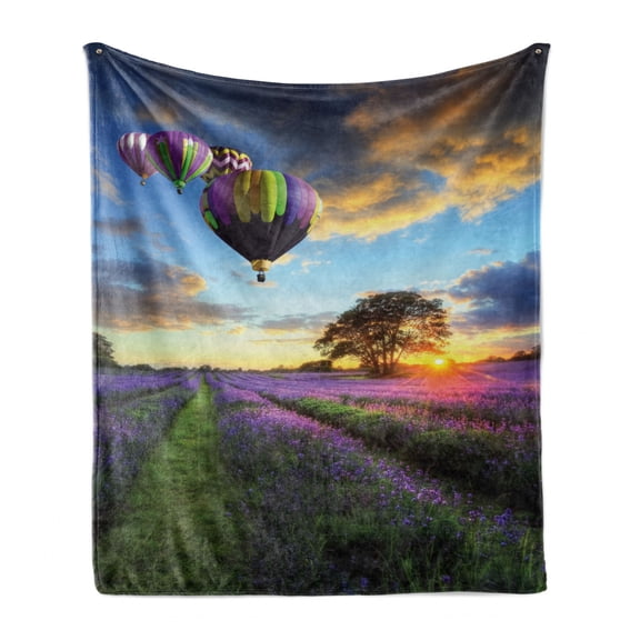 Hot Air Balloon Soft Flannel Fleece Blanket, Spring Lavender Field at Sunrise Various Air Vehicle on Sky Print, Cozy Plush for Indoor and Outdoor Use, 60" x 80", Blue and Pale Blue, by Ambesonne