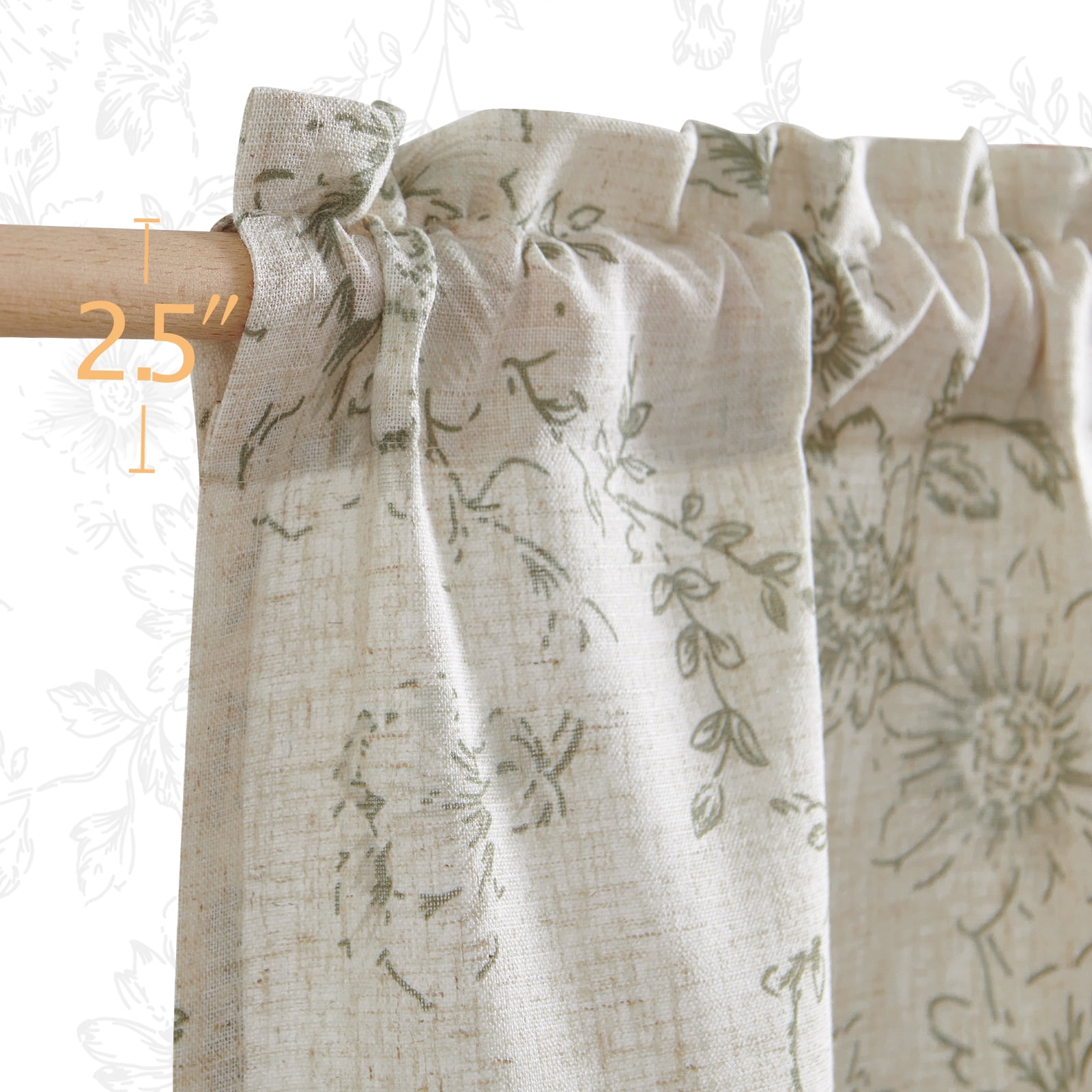 Curtainking Floral Kitchen Curtains Linen Cafe Curtains Sage Flower 26x45 inch Length Curtains for Living Room 2 Panels