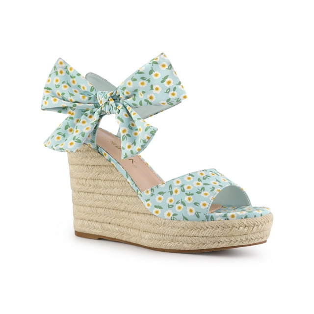 BLISSFUL STEP Chaussures pour Femmes Sandales Compensées Espadrilles à Plateforme à Bride Arrière à Imprimé Floral avec Nœud Bleu Ciel 7