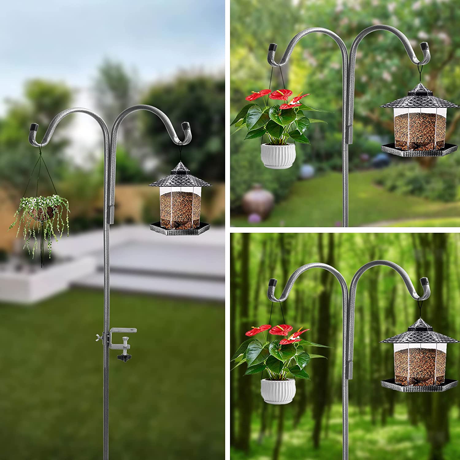 Double Shepherds Hook Adjustable Bird Feeder Pole for Outdoor with 4 Prongs Base,65 Inch Heavy Duty Garden Hanging Plant Hooks Stand Outside for Plant Hanger Wedding Decoration (Pack of 2) - image 2 of 7